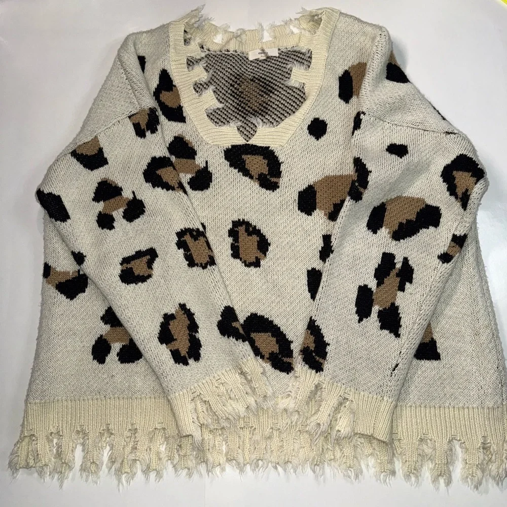 Anthropologie Entro Leopard Sweater V Neck Size Large Heavy Knit Distressed Hem - Picture 2 of 11